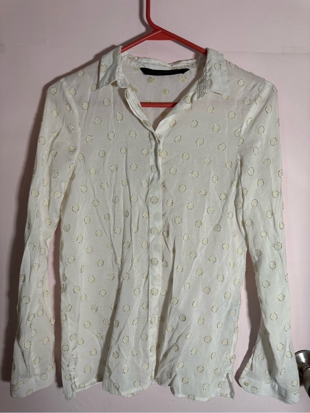 Zara White Button-Up Shirt with Gold Dot Embroidery